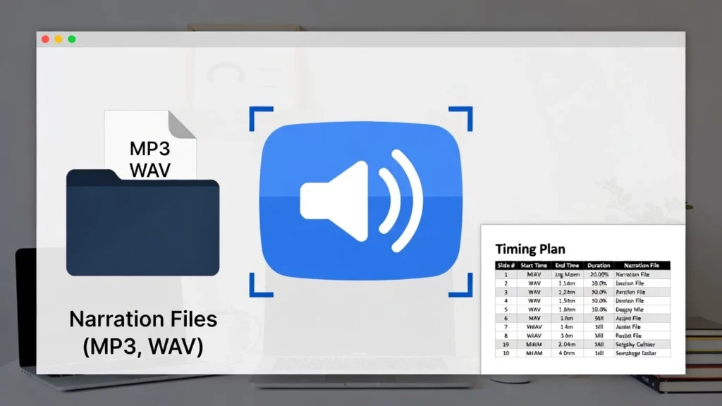 An illustration showing audio narration files (MP3, WAV), a central audio icon, and a timing plan table.