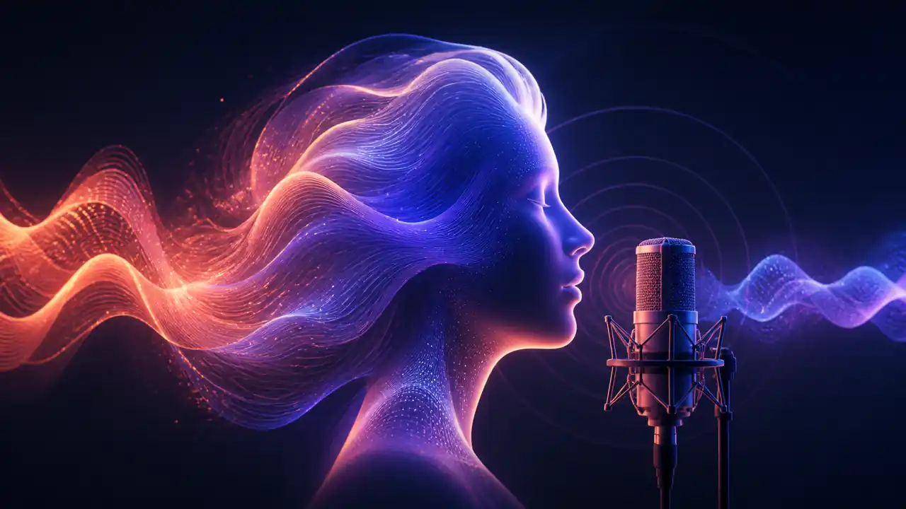 Abstract feminine-presenting voice silhouette with flowing sound waves and a studio microphone.