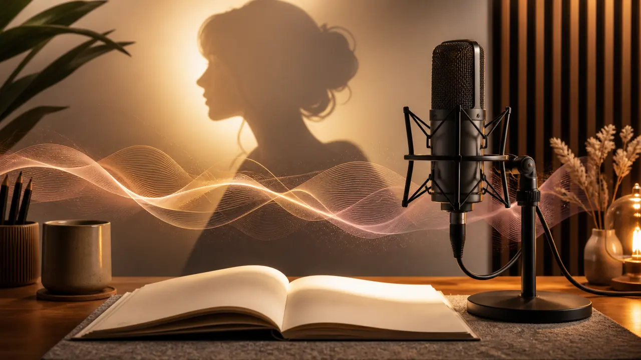 Studio microphone, open script, and abstract feminine silhouette with flowing sound waves.
