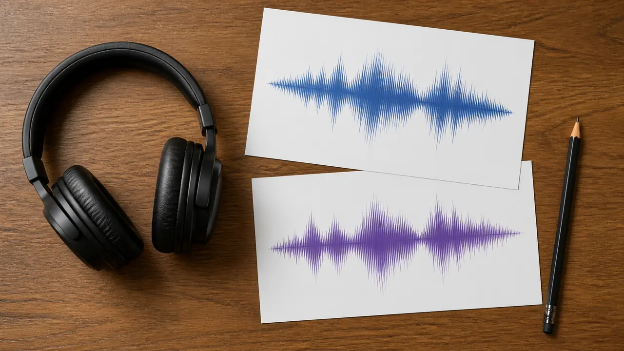 Headphones, a pencil, and two abstract waveform printouts arranged for voice comparison.