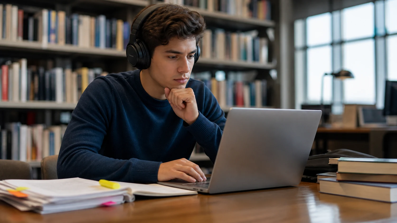 A college student listening with headphones while reviewing an essay on a laptop