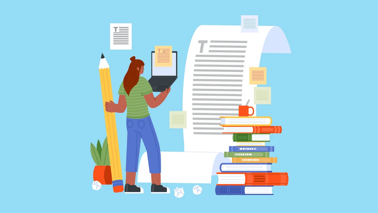 A student organizing an essay draft and study materials before a read-aloud review