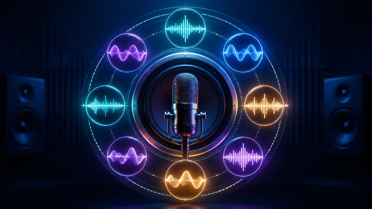 Microphone surrounded by varied glowing sound-wave forms representing voice selection.