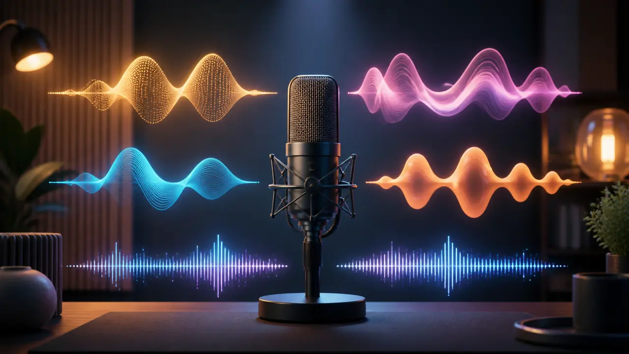 Studio microphone surrounded by distinct colorful sound-wave forms representing varied voice styles.