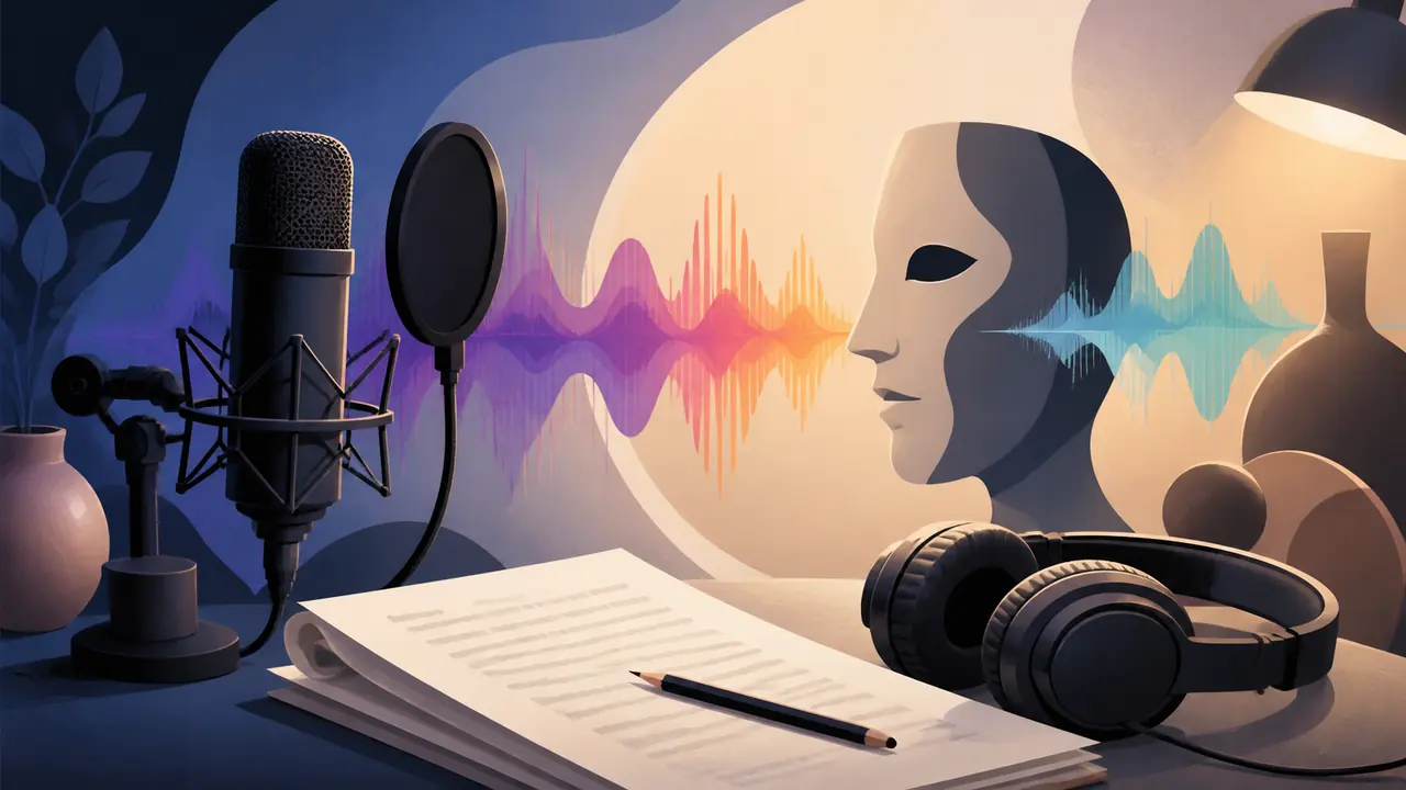 Abstract theatre mask, studio microphone, headphones, and colorful sound waves representing fictional voice styles.