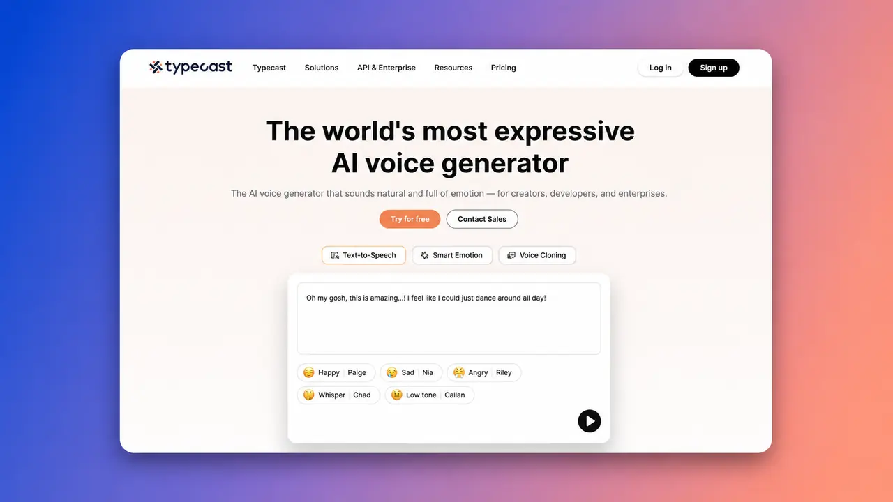 Typecast AI voice generator in a browser with text input and emotion-based voice choices.