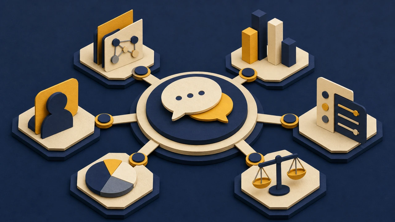 Isometric cut-paper conversation hub connecting modular AI integrations