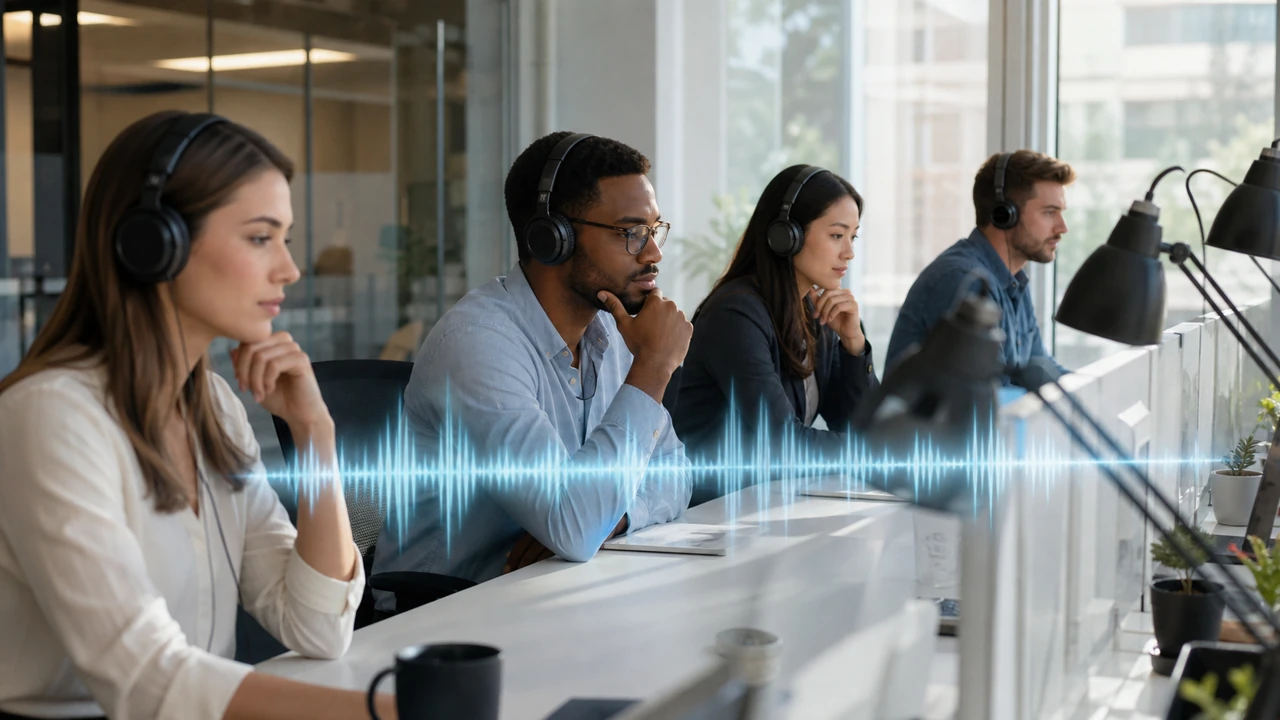Diverse support team reviewing a customer conversation with soundwave projection