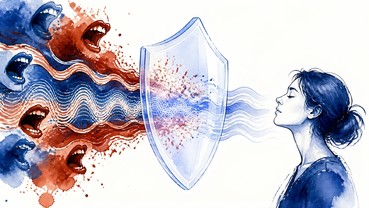 Transparent safety shield filtering speech waves before human review