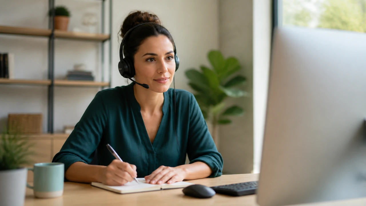 Customer-support specialist listening attentively and taking notes at a desk