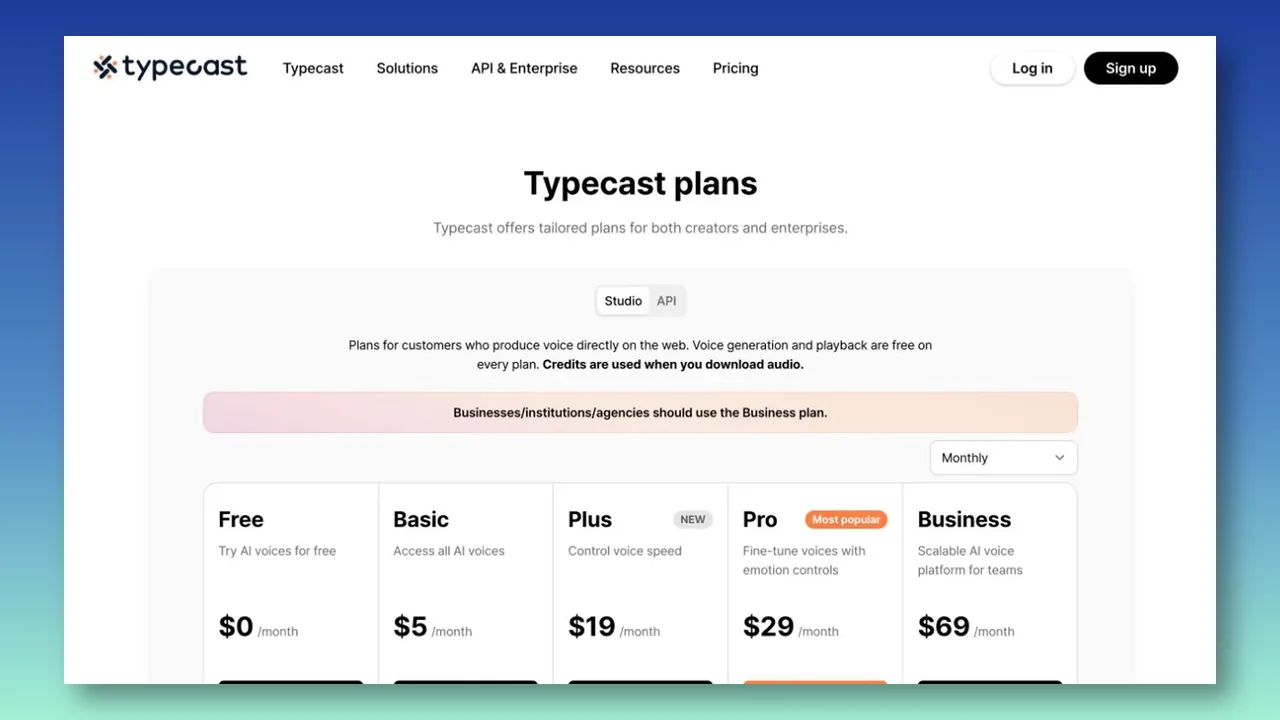 Typecast Studio pricing page showing plan cards.
