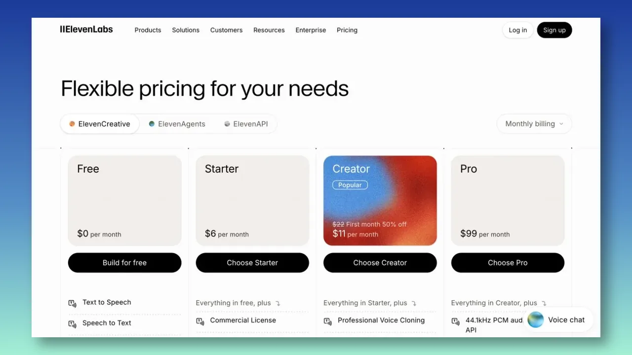 ElevenLabs pricing page showing plan tiers.