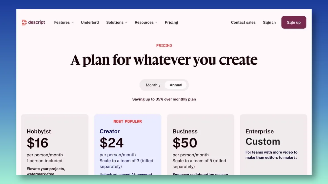 Descript annual pricing page showing plan tiers.