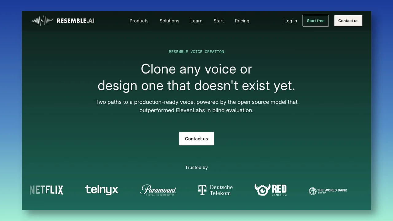 Resemble Voice Creation page showing voice-cloning capabilities.