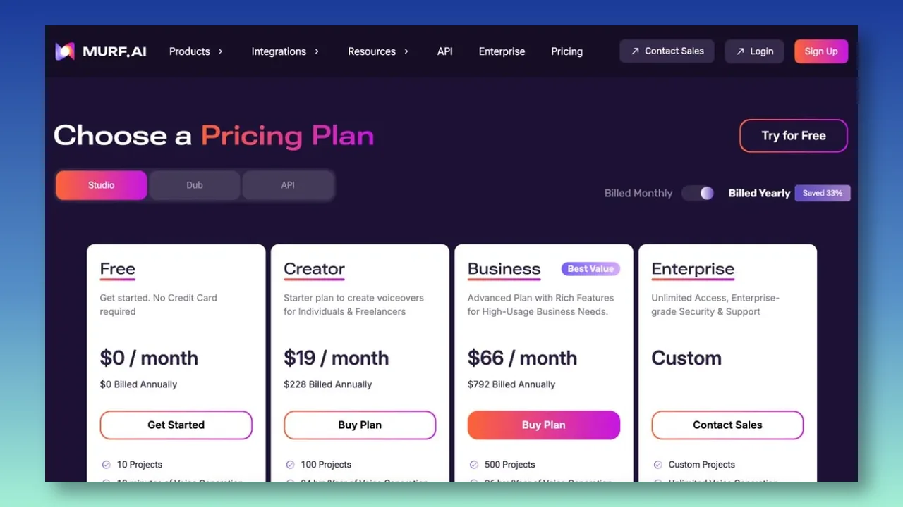 Murf Studio pricing page showing Free, Creator, Business, and Enterprise plans.