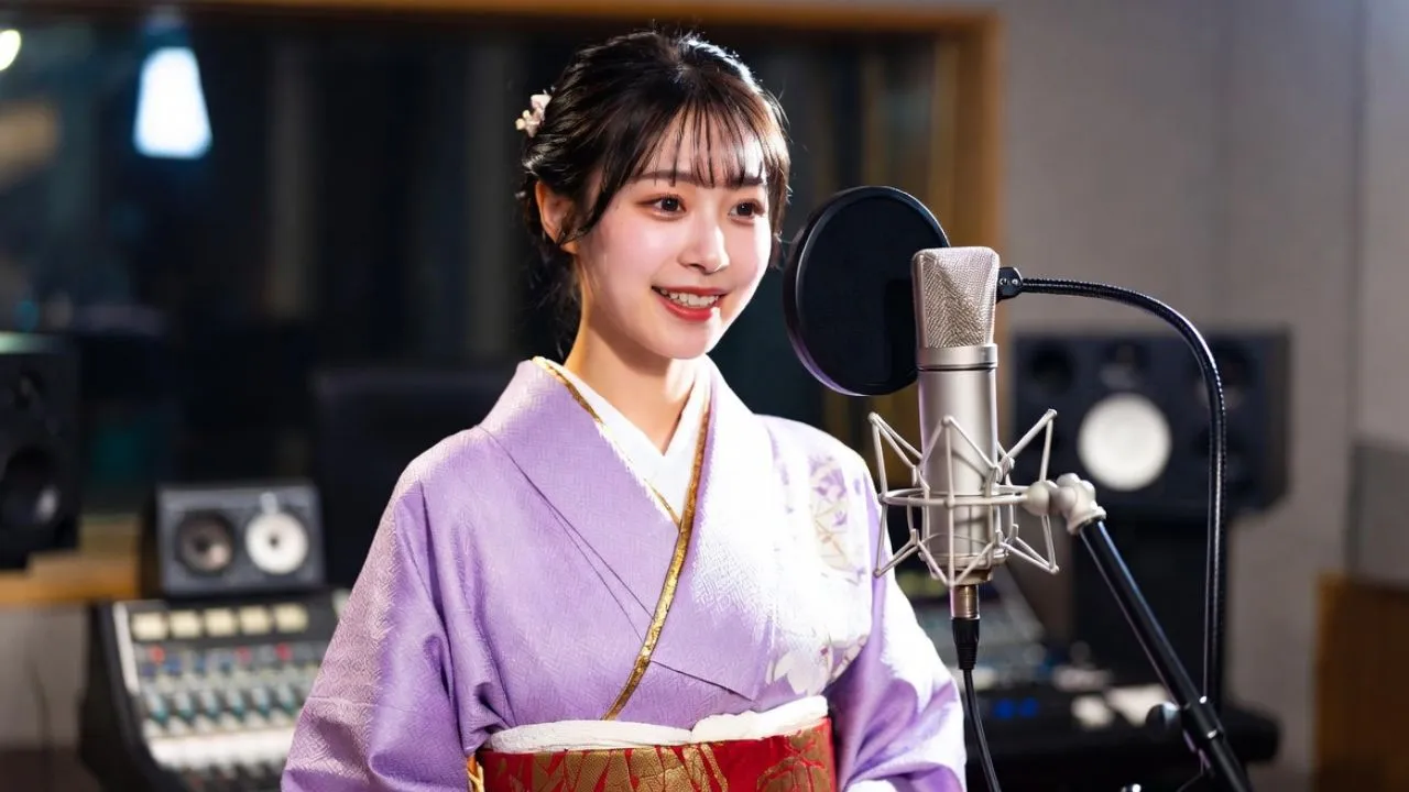 A woman in a purple kimono smiling while speaking into a professional studio microphone