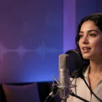 A professional voice actor recording multilingual AI dubbing in a modern studio