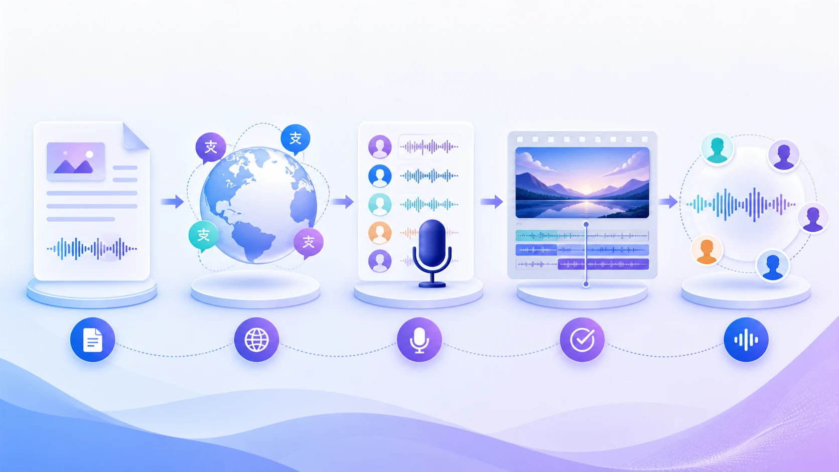 A five-step visual workflow for multilingual AI dubbing from source script to reviewed voiceover