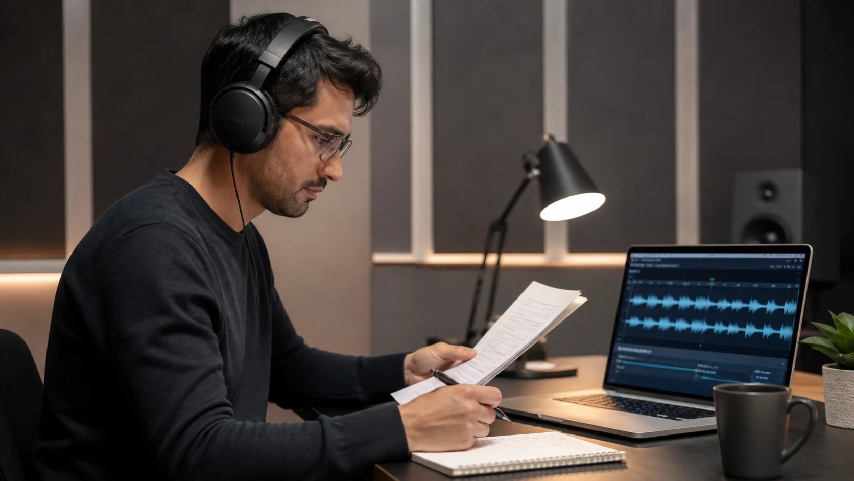A localization reviewer checking a script and audio waveform for multilingual voiceover quality