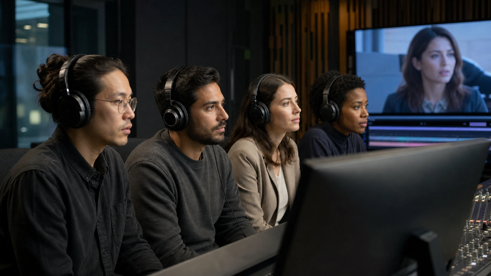 A team reviewing multilingual voiceover tracks and translated scripts