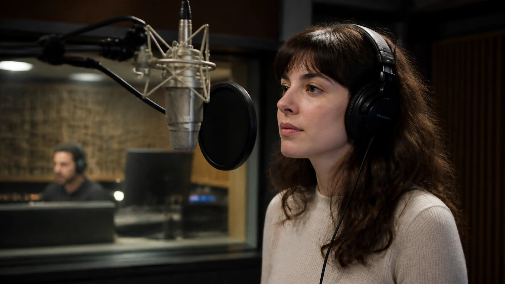 A voice actor recording final narration with an engineer in a studio