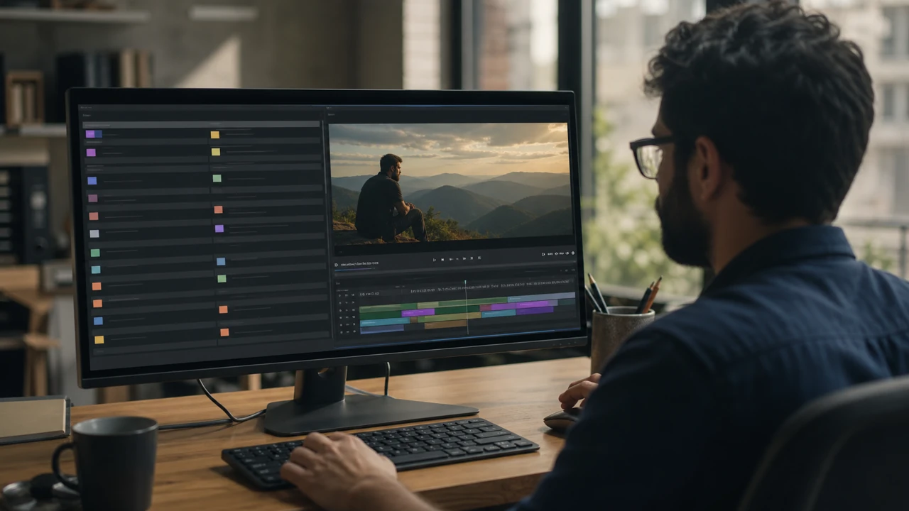 Video editor reviewing multilingual subtitles beside a video preview