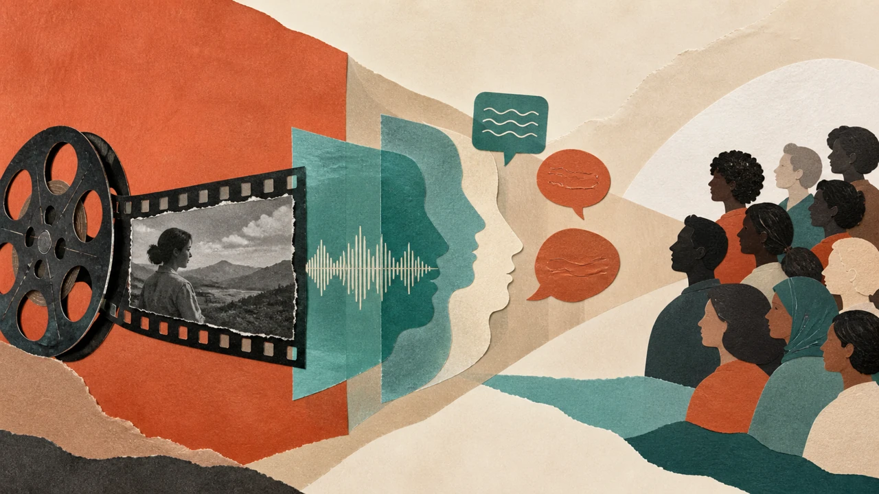 Hand-cut collage of a film frame moving through language and voice layers
