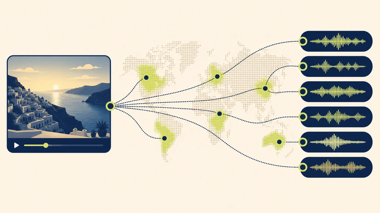 Map-inspired workflow linking a video scene to synchronized language voice waves