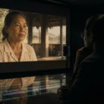 Multilingual video editor reviewing subtitle timing in a projector-lit screening room