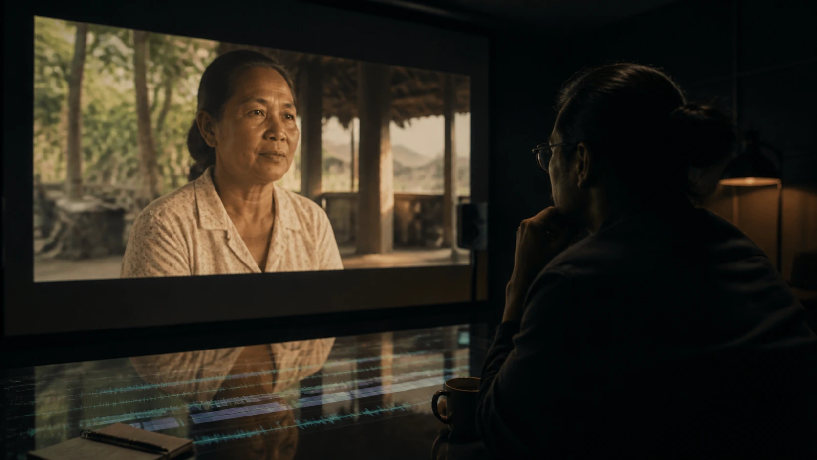 Multilingual video editor reviewing subtitle timing in a projector-lit screening room