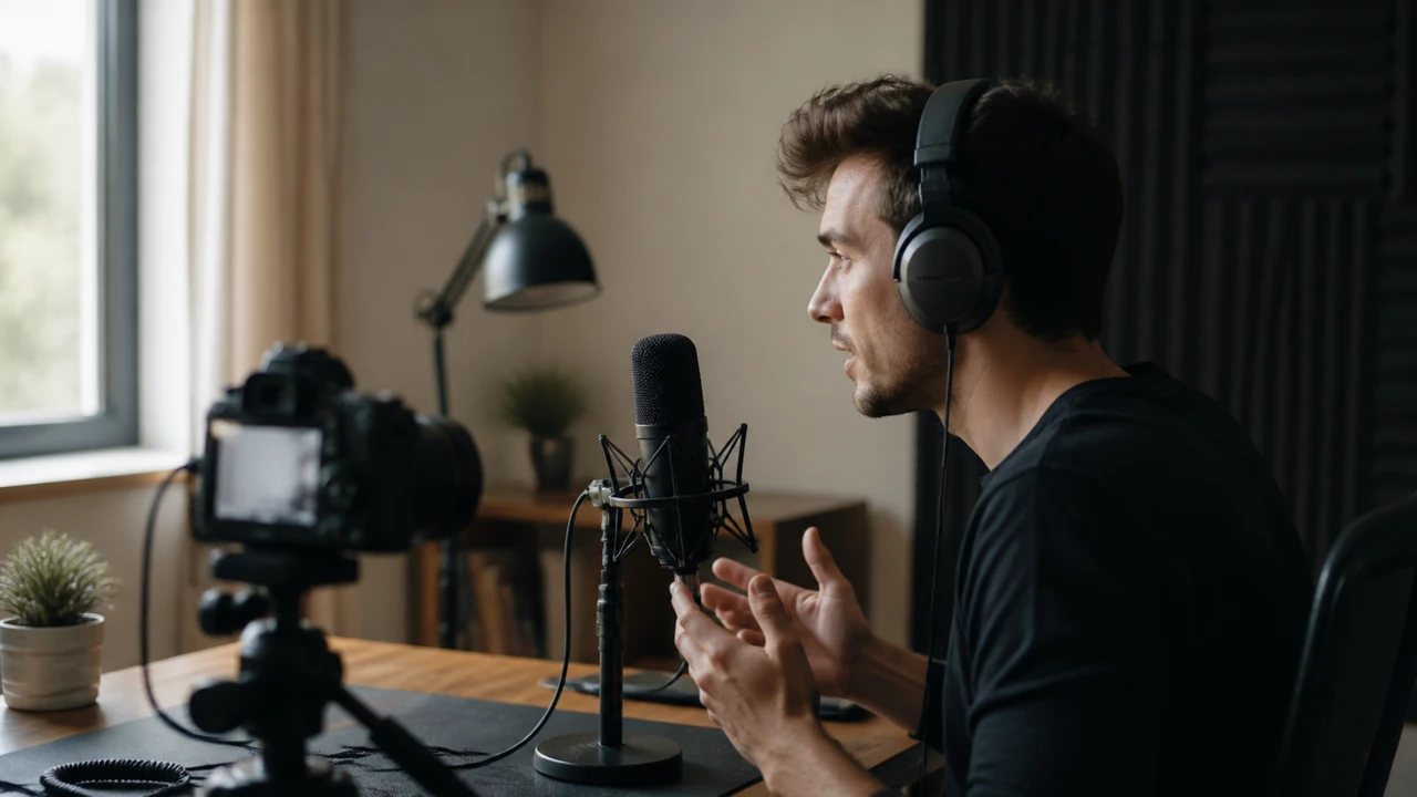 Creator recording narration in a compact home video studio