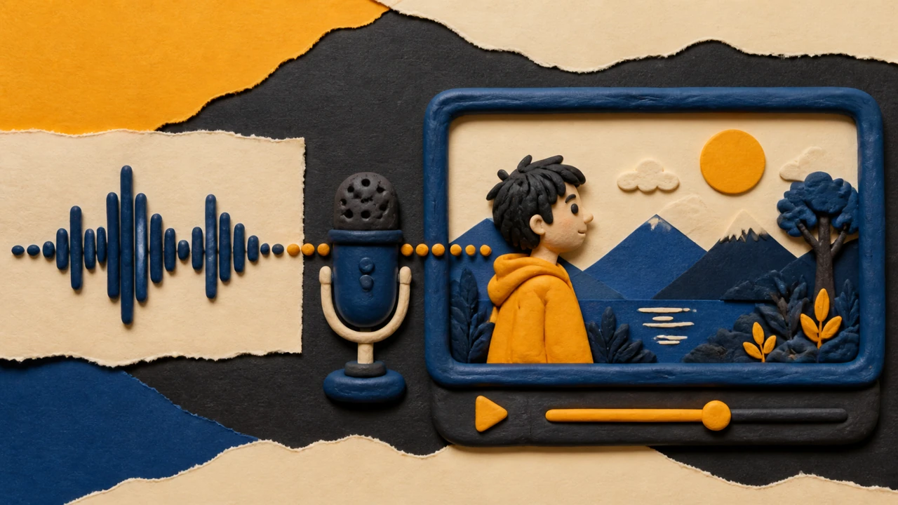 Handmade paper and clay scene showing voice waves becoming a video story
