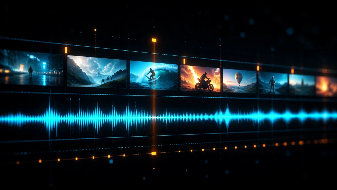 Cinematic post-production view of narration waveform aligned to video frames