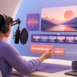 Creator workflow combining a microphone, voice waveform, and video timeline