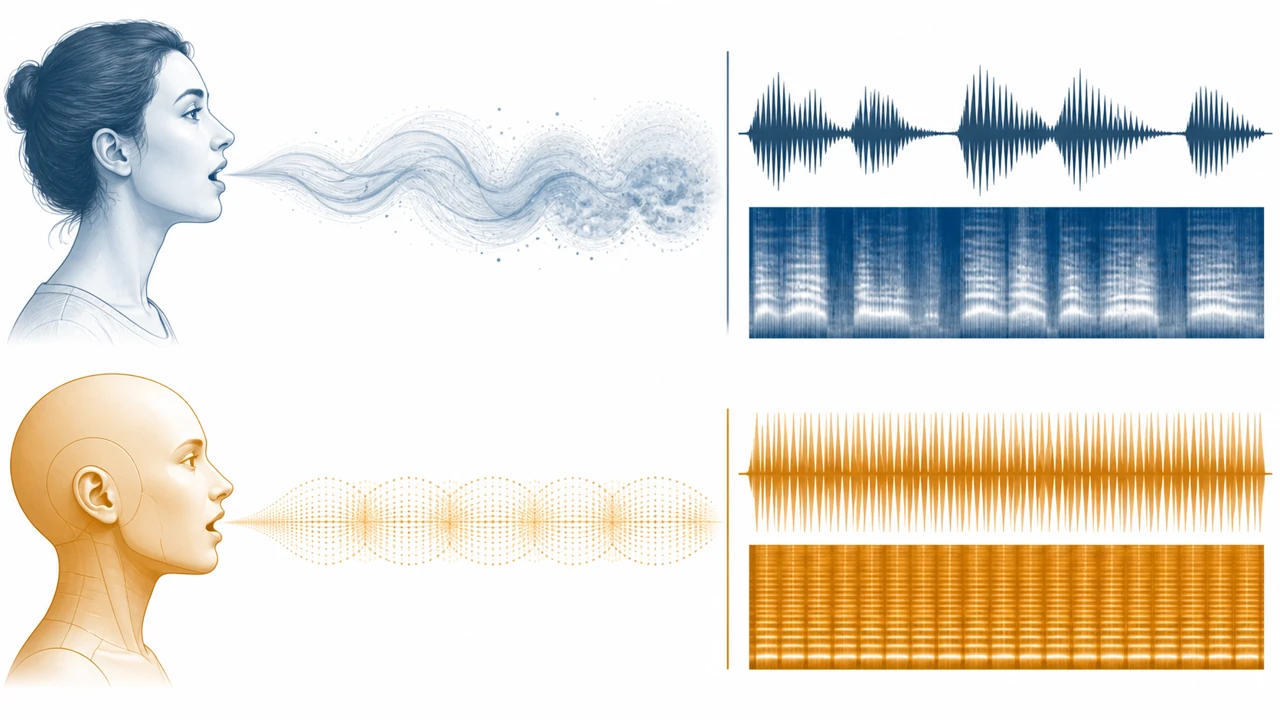 Educational waveform comparison showing recurring voice patterns and audio-quality shifts