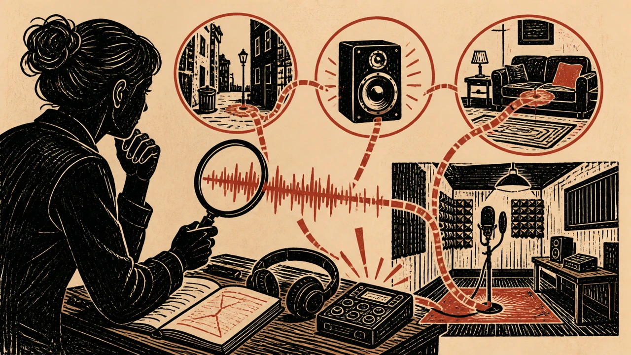 Linocut-style illustration of an investigator following source and context clues around an audio recording