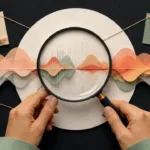 Hands using a magnifying glass to inspect layered sound waves in a paper-cut collage