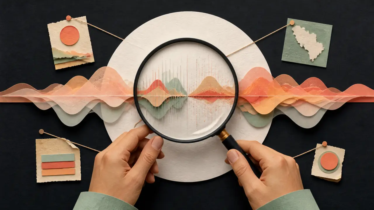 Hands using a magnifying glass to inspect layered sound waves in a paper-cut collage