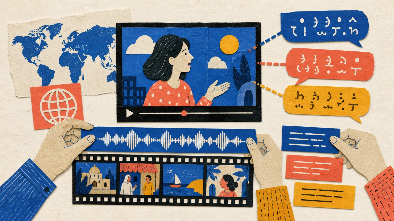 Handmade collage showing one video branching into localized speech and subtitle elements