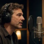 Voice actor speaking into a studio microphone in an acoustic recording booth