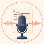 Centered podcast microphone with a script card, waveform, and timing ring