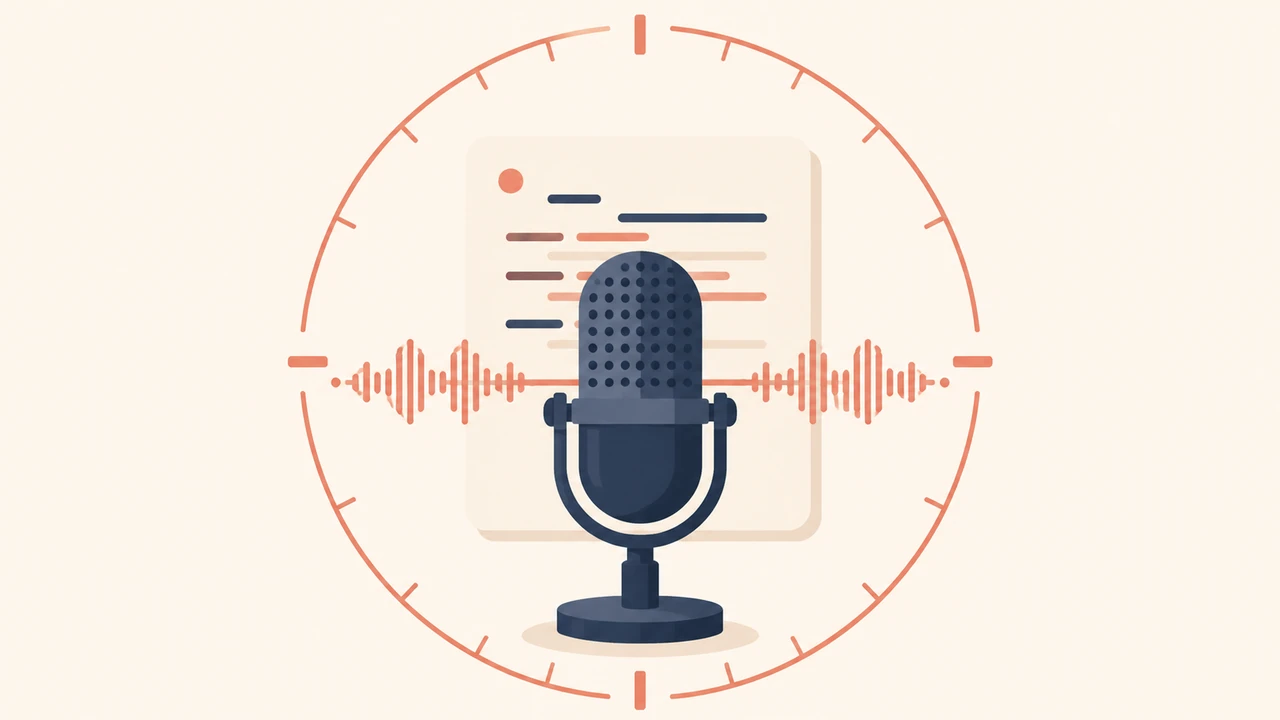 Centered podcast microphone with a script card, waveform, and timing ring