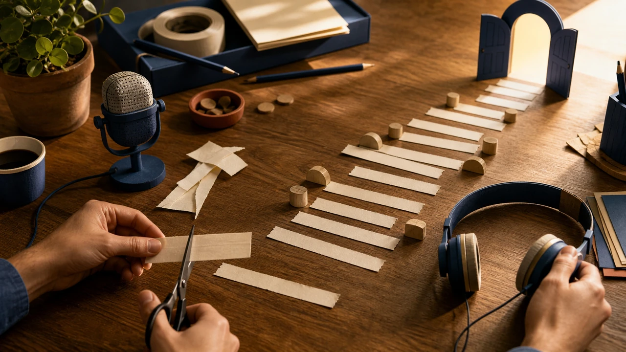 Hands trimming and spacing podcast intro lines before a final listening check