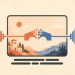 Spanish video frame with a warm waveform transforming into a blue English waveform above subtitle bars.