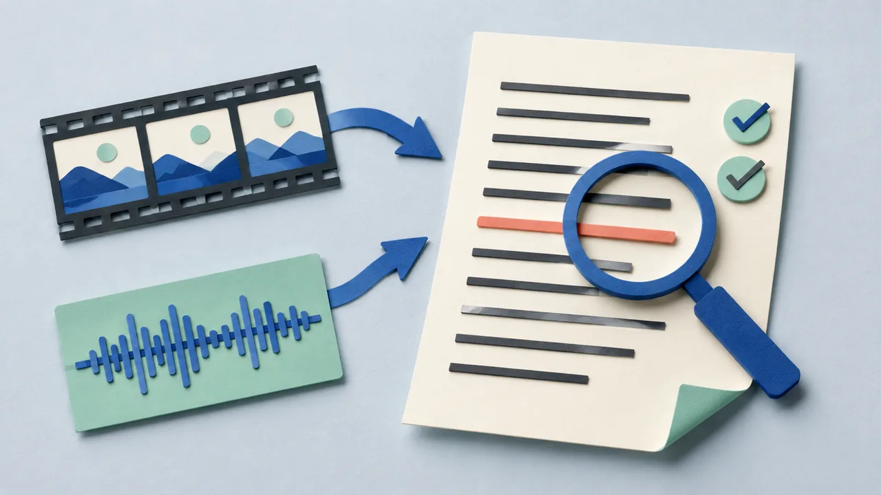 Film strip and audio waveform flowing into a transcript page being checked with a magnifying glass.