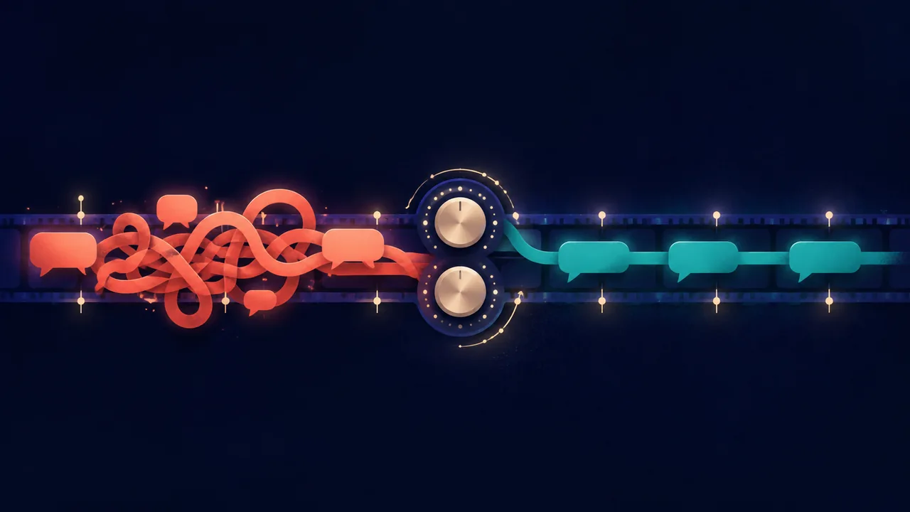 Tangled coral speech ribbon becoming concise turquoise dialogue aligned to a video timeline.
