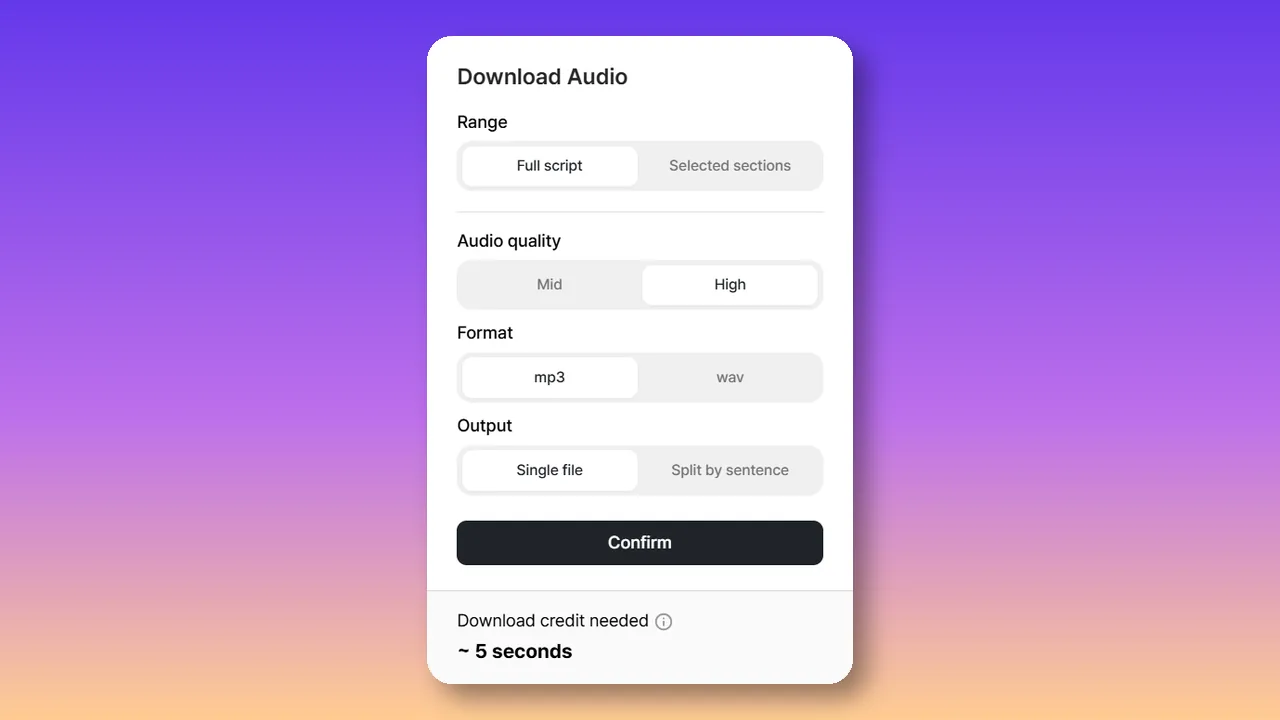 Typecast Download Audio dialog showing range, quality, file format, and output options.