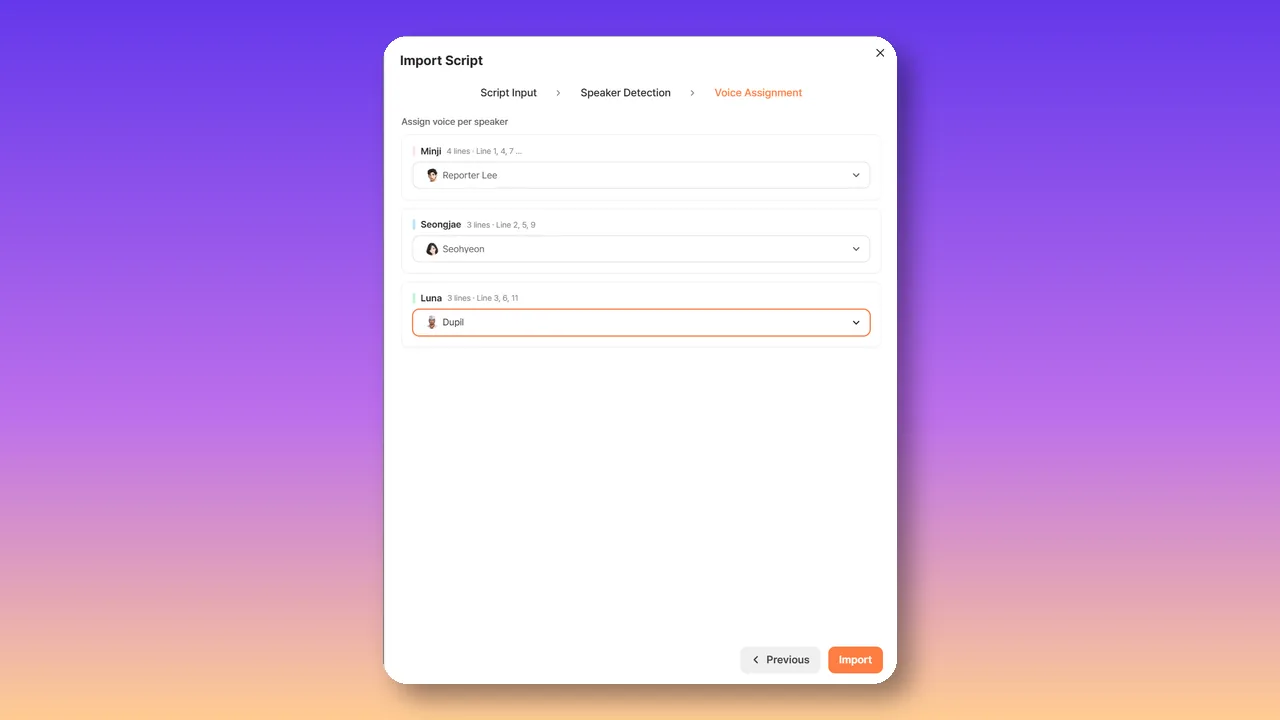 Typecast Voice Assignment step showing a different English voice selected for each detected speaker.