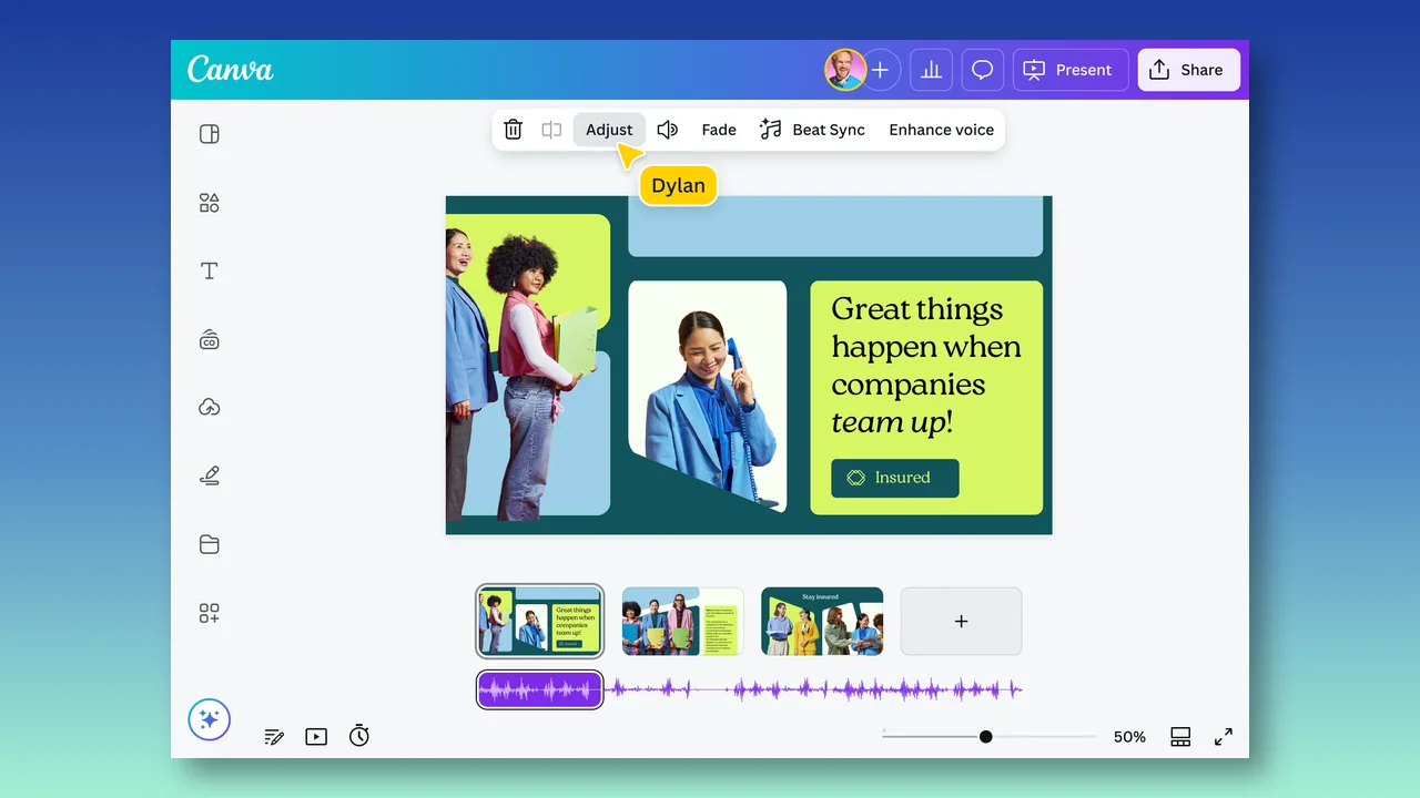 Canva editor showing video pages and a narration waveform on the timeline