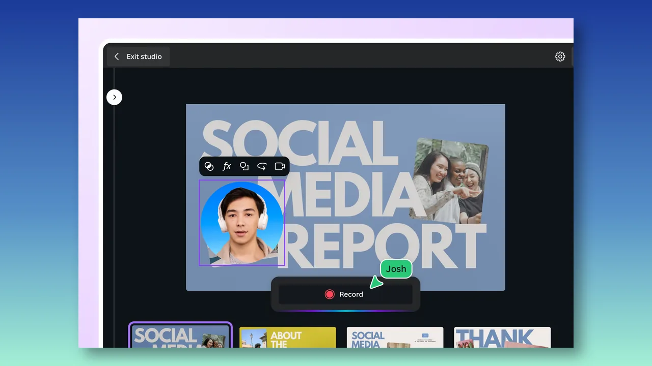 Canva recording studio with a Record button for voiceover